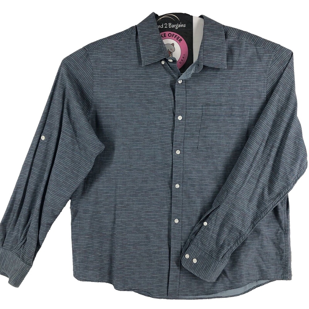 Perry‎ Ellis shirt mens XL gray horizontal stripe roll tab long sleeve button